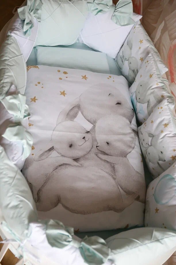 Комплект в кроватку Премиум ПАННО 5 шт. подушками Мамина любовь (мятный) (6)